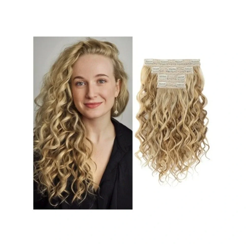 REECHO 16 Inch Curly Clip in Hair Extensions 4PCS Dark Blonde with Highlights